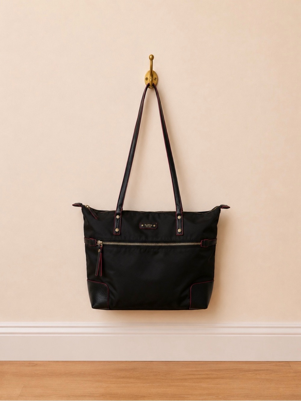 Tutilo New York Black Tote with Burgundy Trim - Women's Everyday Shoulder Bag